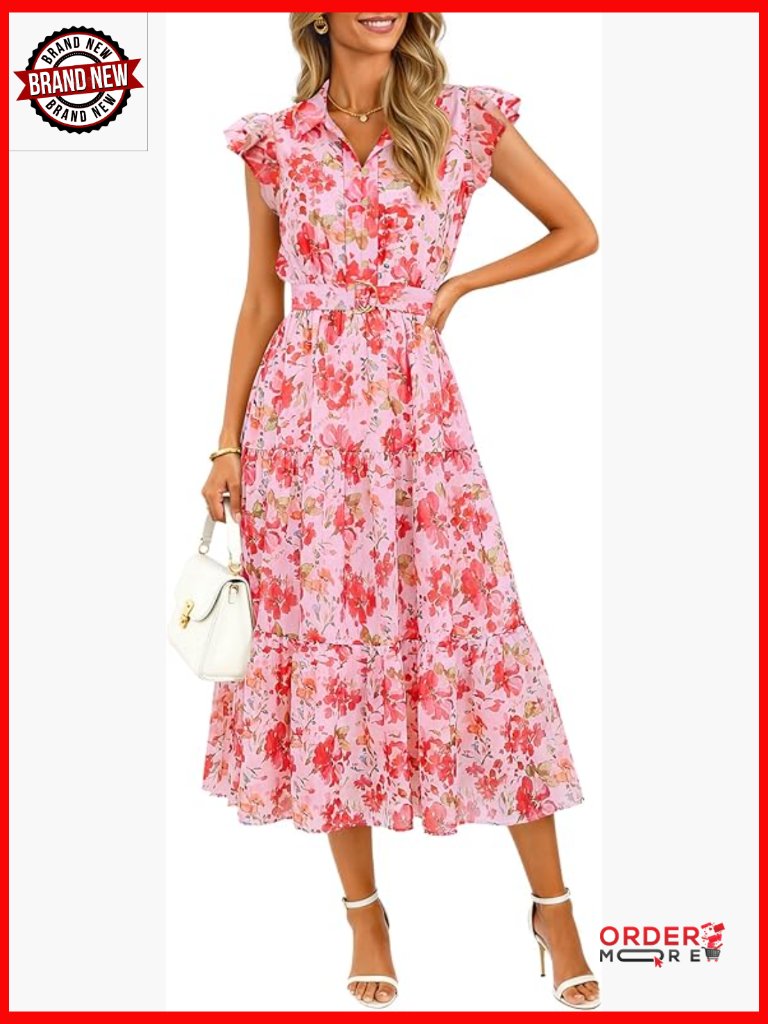 Floral Midi Dress Flutter Short Sleeve Chiffon A-Line Wedding Guest Casual